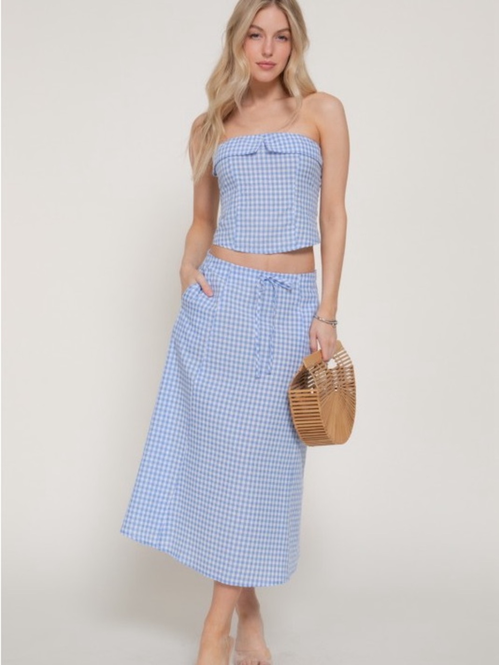 Active Basic Blue Gingham Midi Skirt Set